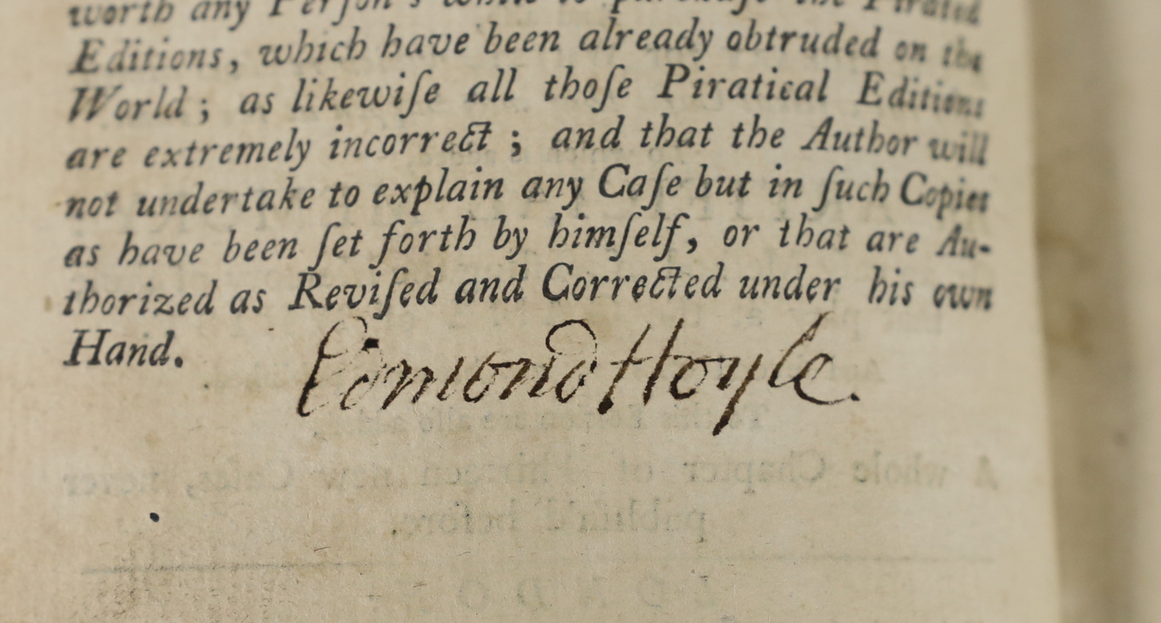 Hoyle, Edmund - Mr. Hoyle’s Treatises of Whist, 8th edition, signed title verso by the author (as a guarantee against piracy), Quadrille, 2nd edition , Piquet, 3rd edition, Chess and Back-Gammon, 3rd edition, continuous